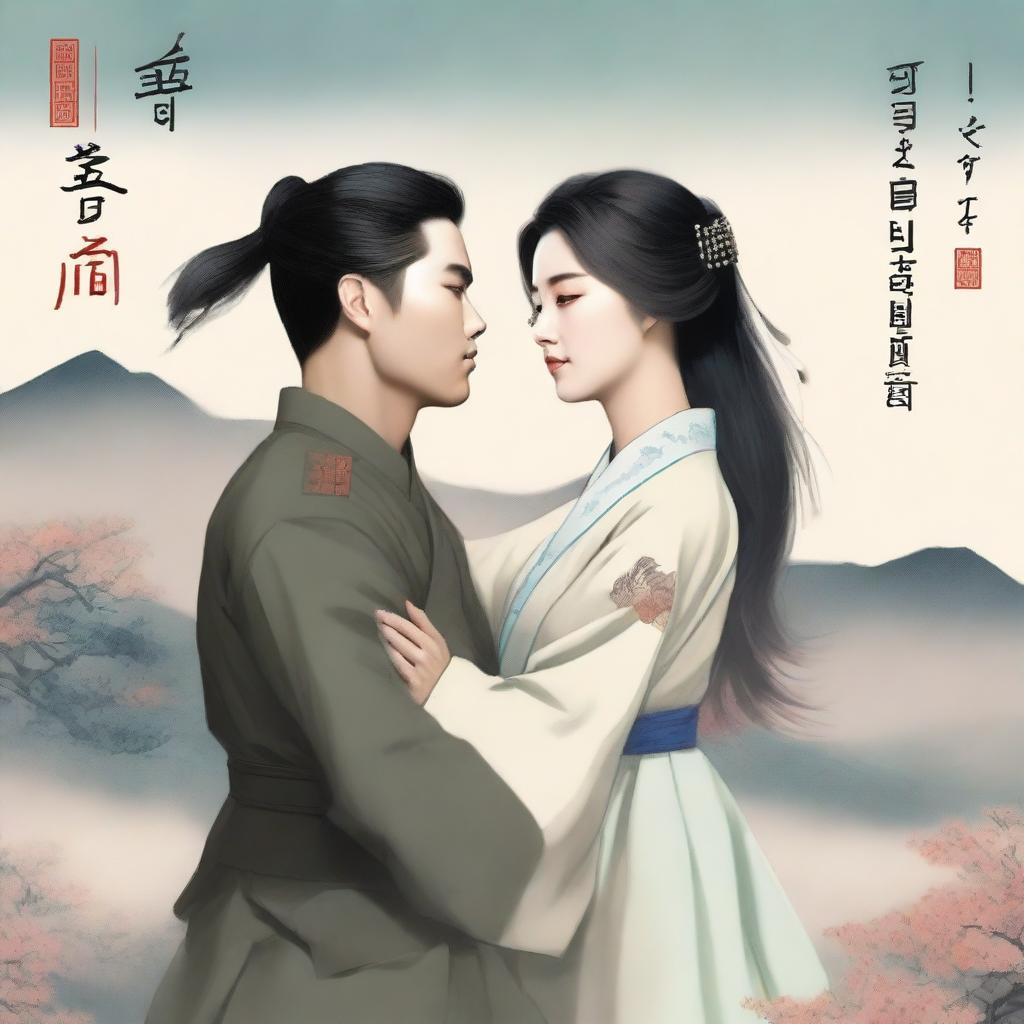 A captivating book cover featuring a handsome Korean soldier embracing a kneeling Korean woman with long black hair