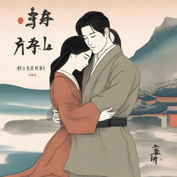 A captivating book cover featuring a handsome Korean soldier embracing a kneeling Korean woman with long black hair