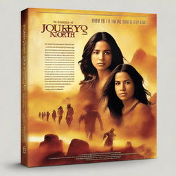 Create an action-packed movie poster titled 'The Journey North' featuring Latinos and Latinas moving to the US