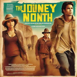 Create an action-packed movie poster titled 'The Journey North' featuring Latinos and Latinas moving to the US