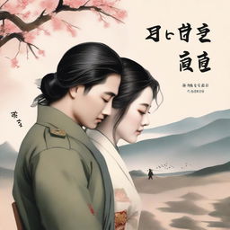 A captivating book cover featuring a handsome Korean military soldier embracing a kneeling Korean woman with long black hair