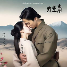 A captivating book cover featuring a handsome Korean military soldier embracing a kneeling Korean woman with long black hair