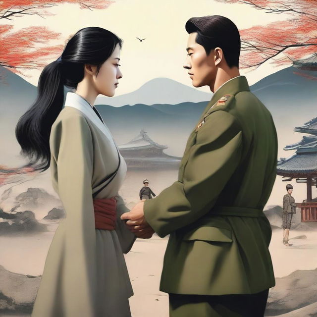 A touching scene depicting a Korean military soldier holding hands with a civilian Korean woman with long black hair