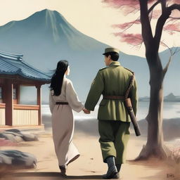 A touching scene depicting a Korean military soldier holding hands with a civilian Korean woman with long black hair