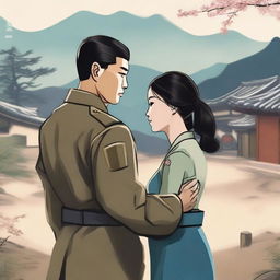 A touching scene depicting a Korean military soldier holding hands with a civilian Korean woman with long black hair