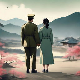 A touching scene depicting a Korean military soldier holding hands with a crying Korean woman