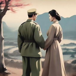 A touching scene depicting a Korean military soldier holding hands with a crying Korean woman