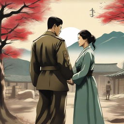 A touching scene depicting a Korean military soldier holding hands with a crying Korean woman