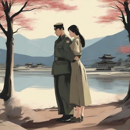 A touching scene depicting a Korean military soldier holding hands with a crying Korean woman