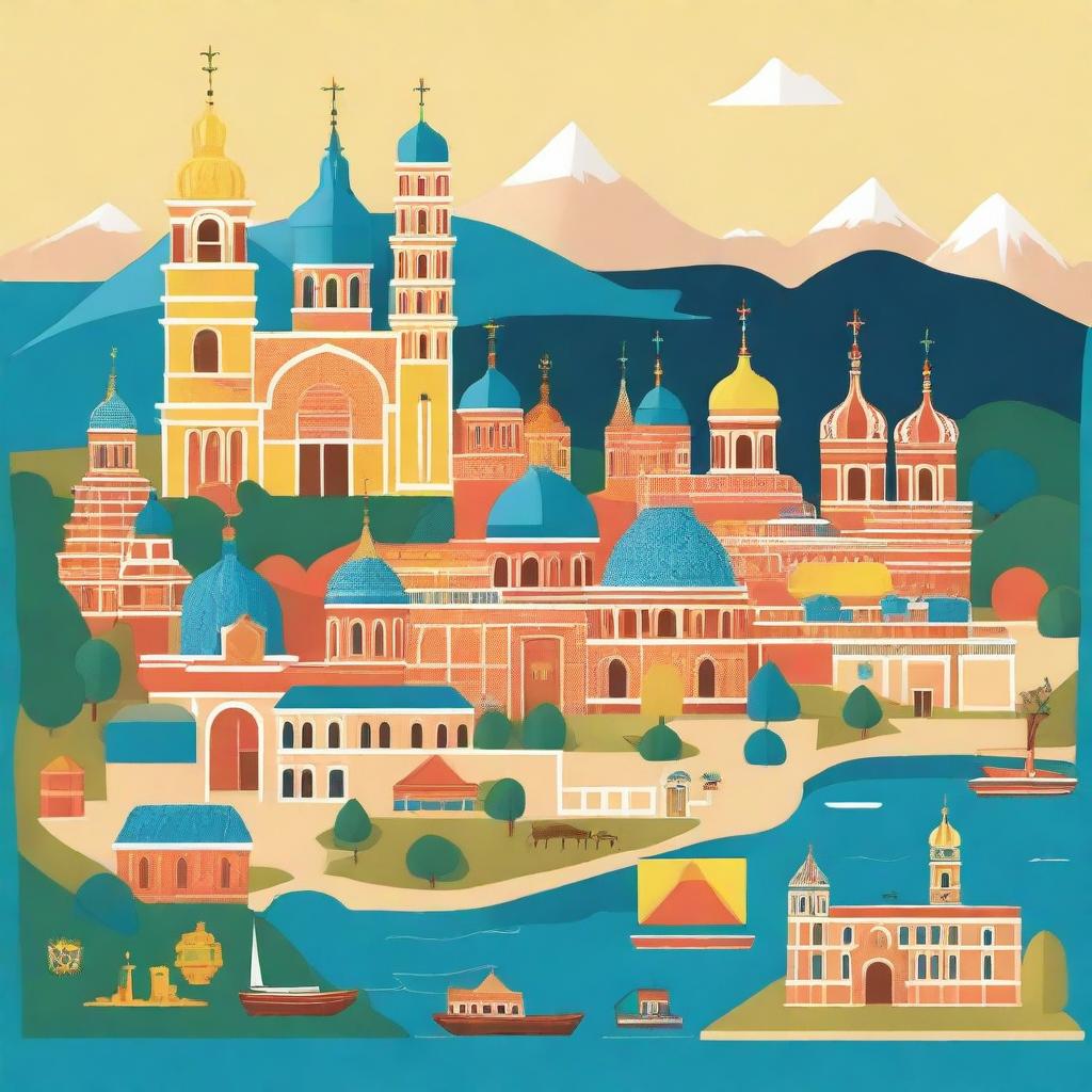 An illustration of Ukraine showcasing its cultural curiosities and must-visit destinations