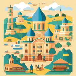 An illustration of Ukraine showcasing its cultural curiosities and must-visit destinations