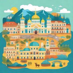 An illustration of Ukraine showcasing its cultural curiosities and must-visit destinations