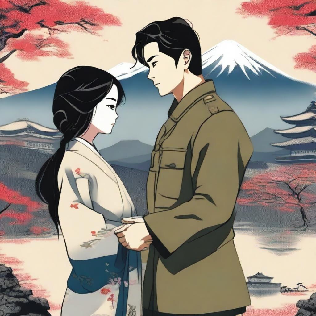 A touching scene depicting a Japanese military soldier holding hands with a Korean woman with long black hair