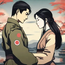 A touching scene depicting a Japanese military soldier holding hands with a Korean woman with long black hair