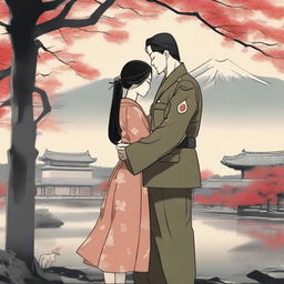 A touching scene depicting a Japanese military soldier holding hands with a Korean woman with long black hair