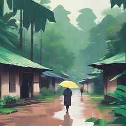 A lo-fi nostalgic scene depicting a person walking through a village in a tropical forest on a rainy day