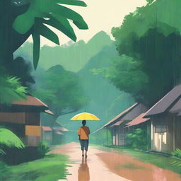 A lo-fi nostalgic scene depicting a person walking through a village in a tropical forest on a rainy day