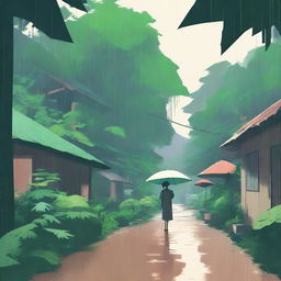 A lo-fi nostalgic scene depicting a person walking through a village in a tropical forest on a rainy day