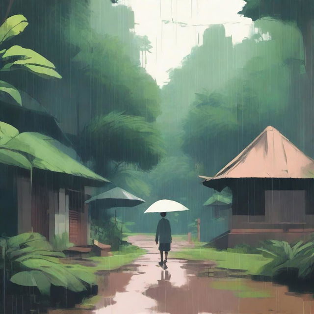 A lo-fi nostalgic scene depicting a person walking through a village in a tropical forest on a rainy day