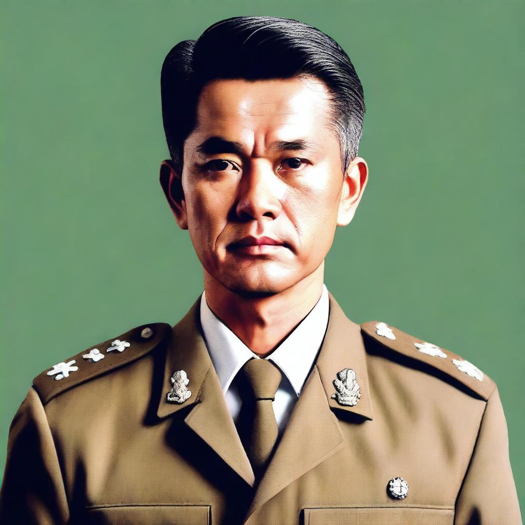 A character named Somsak in a Japanese military uniform, with an expression that suggests internal conflict and compassion