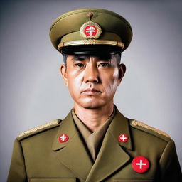 A character named Somsak in a Japanese military uniform, with an expression that suggests internal conflict and compassion