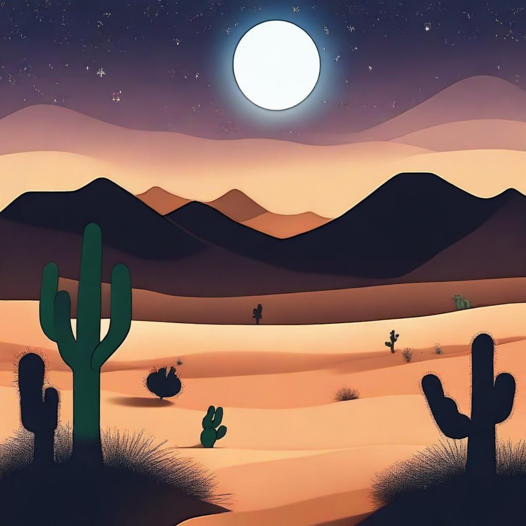 Create an epic scenario of a night in a desert