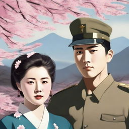 A young Korean woman in traditional clothing with a determined expression stands next to a Japanese soldier in military uniform