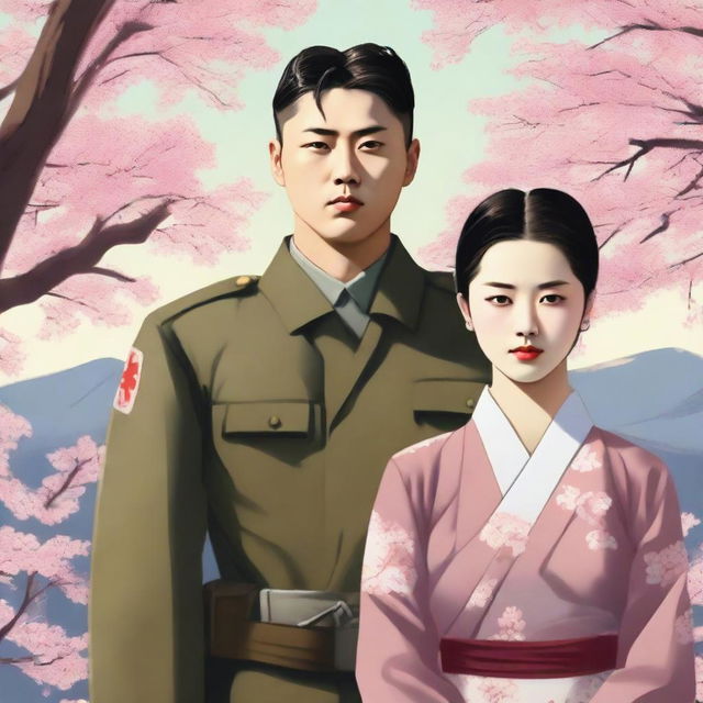 A young Korean woman in traditional clothing with a determined expression stands next to a Japanese soldier in military uniform