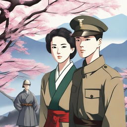 A young Korean woman in traditional clothing with a determined expression stands next to a Japanese soldier in military uniform