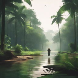 Create a lo-fi scenario of a person in a tropical forest in Brazil, walking near a river