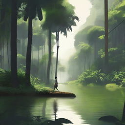 Create a lo-fi scenario of a person in a tropical forest in Brazil, walking near a river