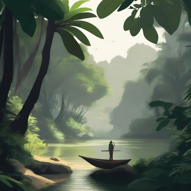 Create a lo-fi scenario of a person in a tropical forest in Brazil, walking near a river