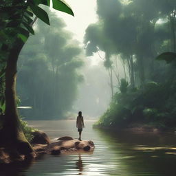 Create a lo-fi scenario of a person in a tropical forest in Brazil, walking near a river