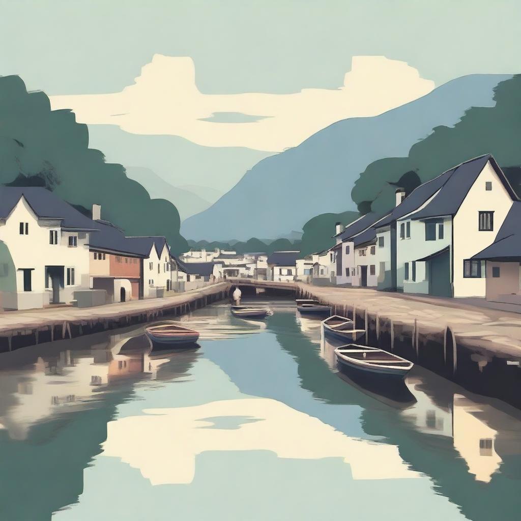 A lo-fi style nostalgic scene of a village near a river