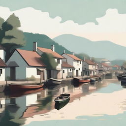 A lo-fi style nostalgic scene of a village near a river