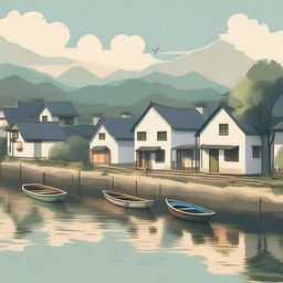 A lo-fi style nostalgic scene of a village near a river