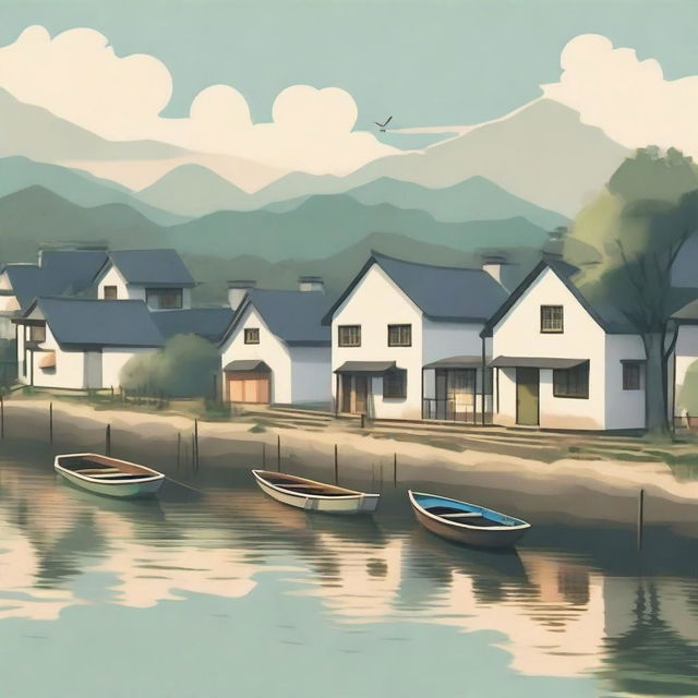 A lo-fi style nostalgic scene of a village near a river