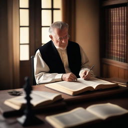 A preacher studying the scriptures in a quiet, serene environment