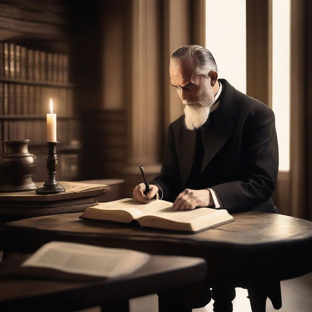 A preacher studying the scriptures in a quiet, serene environment