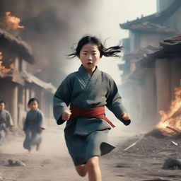 A young Korean girl running through the center of a scene set during the Korean War