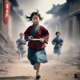 A young Korean girl running through the center of a scene set during the Korean War