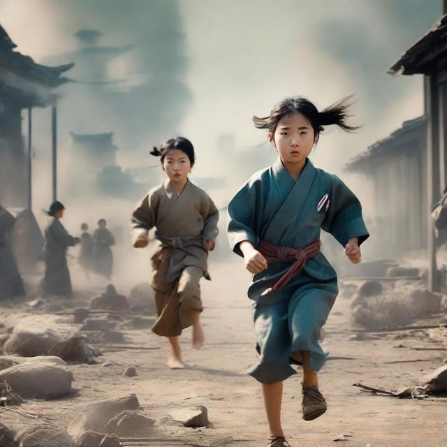 A young Korean girl running through the center of a scene set during the Korean War