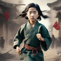 A young Korean girl running through the center of a scene set during the Korean War