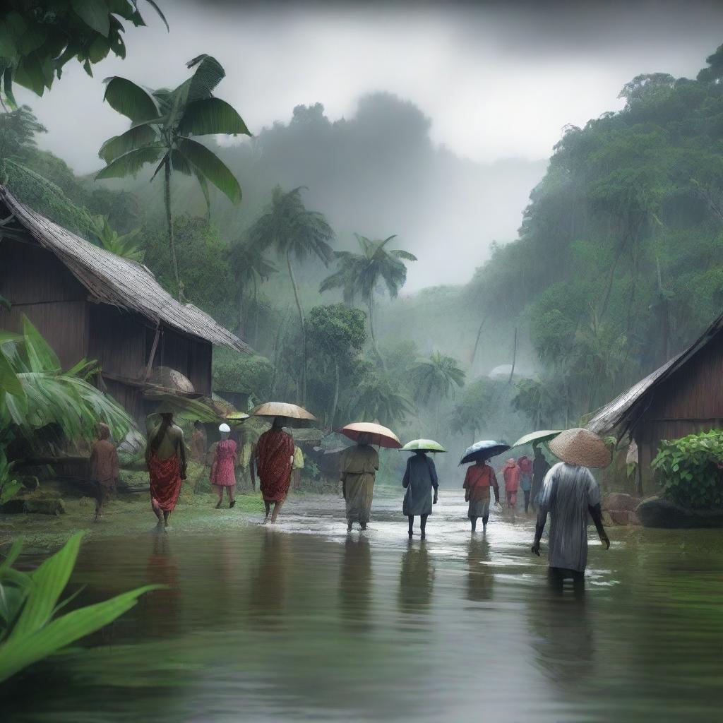 A group of solitaire people walking through a river village in a tropical forest