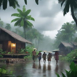 A group of solitaire people walking through a river village in a tropical forest