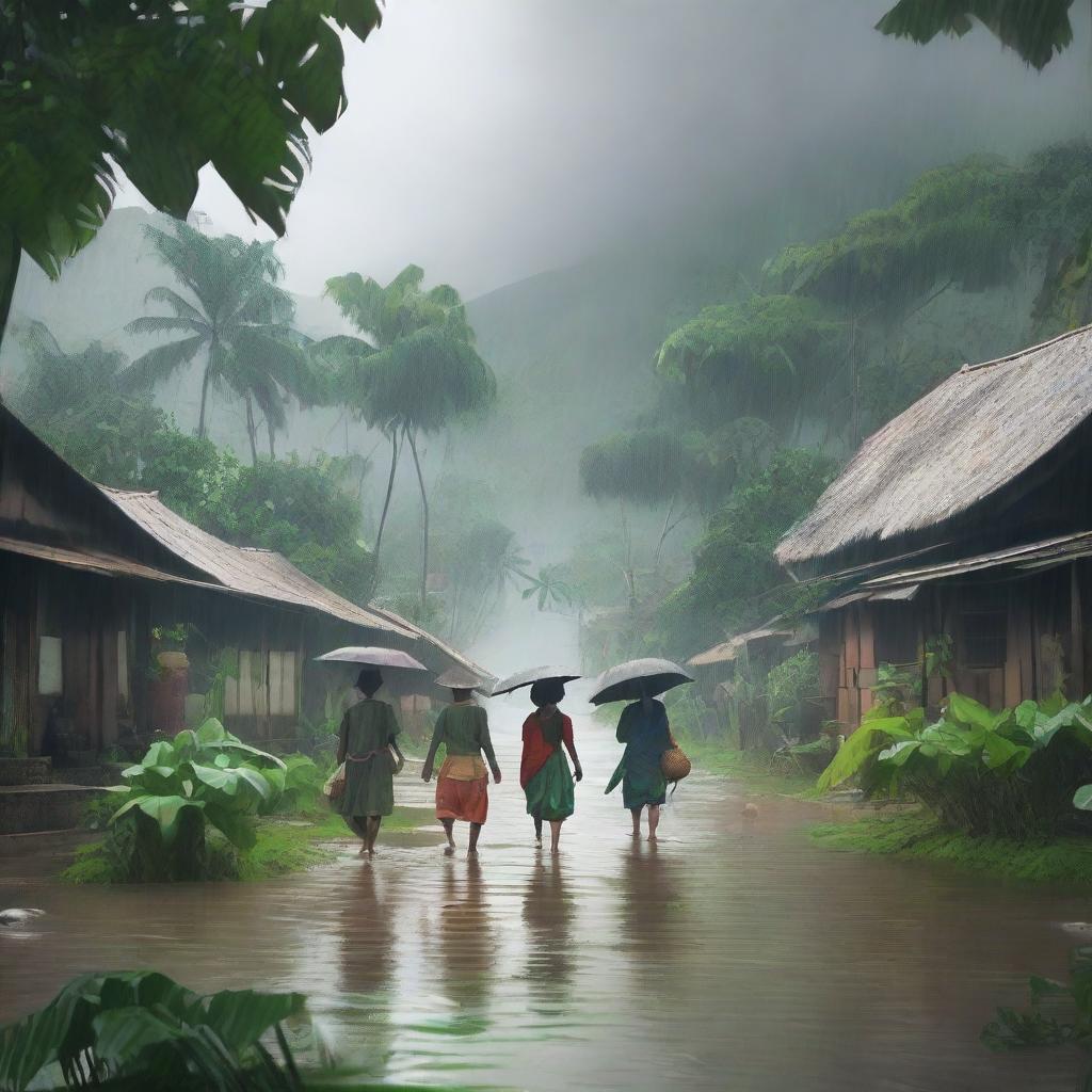 A group of solitaire people walking through a river village in a tropical forest