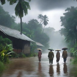 A group of solitaire people walking through a river village in a tropical forest