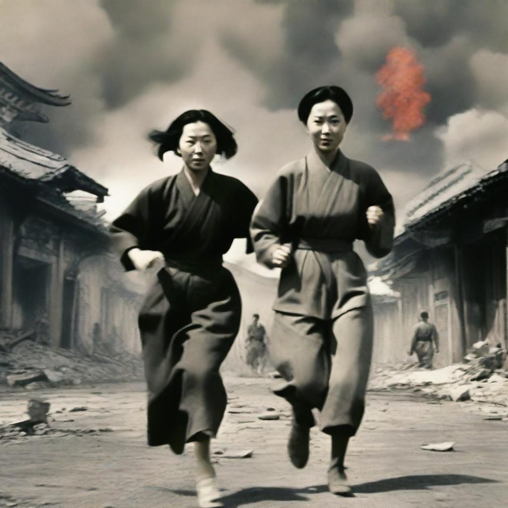 A Korean woman running hand-in-hand with a Japanese soldier through the center of a scene set during the Korean War