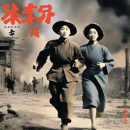 A Korean woman running hand-in-hand with a Japanese soldier through the center of a scene set during the Korean War