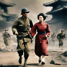 A Korean woman running hand-in-hand with a Japanese soldier through the center of a scene set during the Korean War